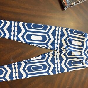Lolly Wolly Doodle Blue and White Geometric Leggings